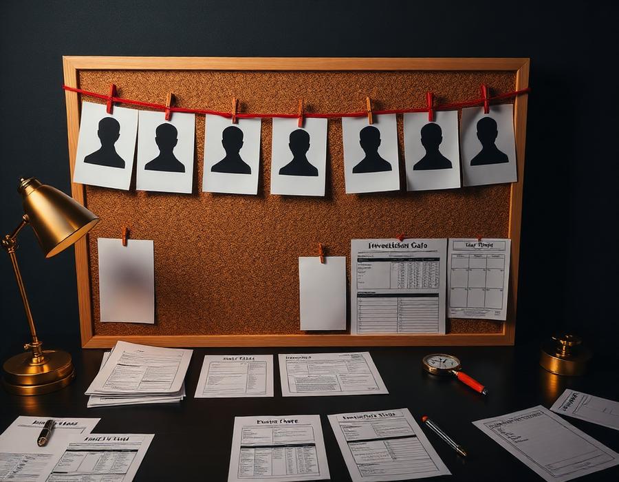 Mockup do Kit Central de Investigação com painel de suspeitos e fichas impressas