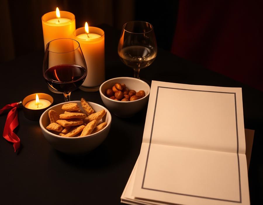Mockup do Guia Noite de Mistério com velas, taças e petiscos