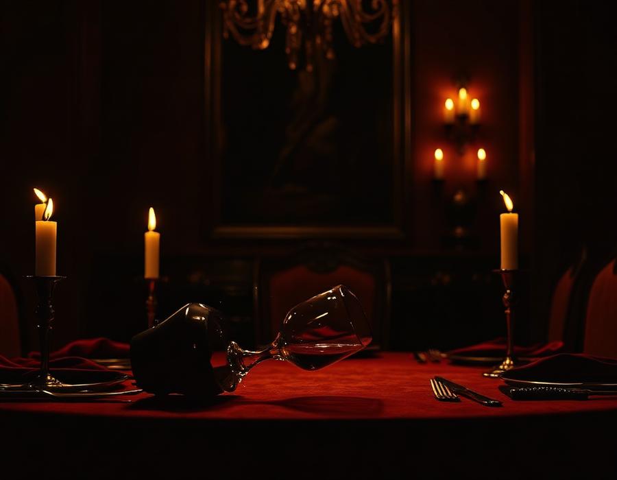 Capa do caso O Último Jantar: mesa de jantar escura com taça de vinho tombada