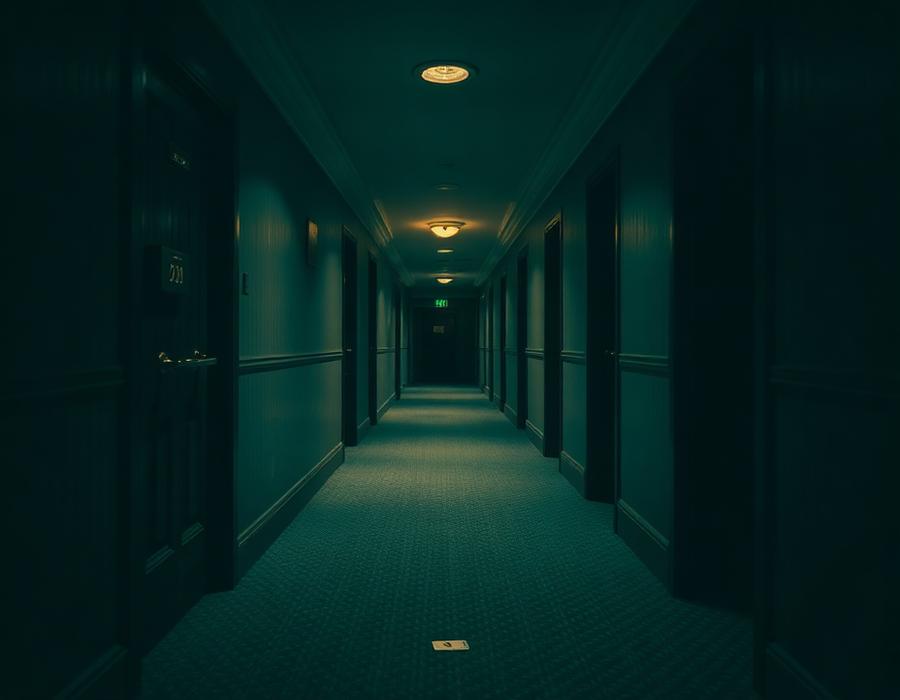 Capa do caso O Quarto 307: corredor de hotel escuro com porta fechada