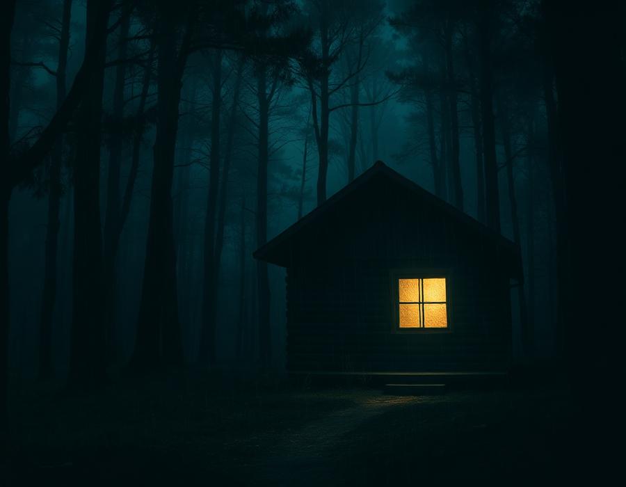 Capa do caso Silêncio na Cabana: cabana isolada na floresta durante a noite