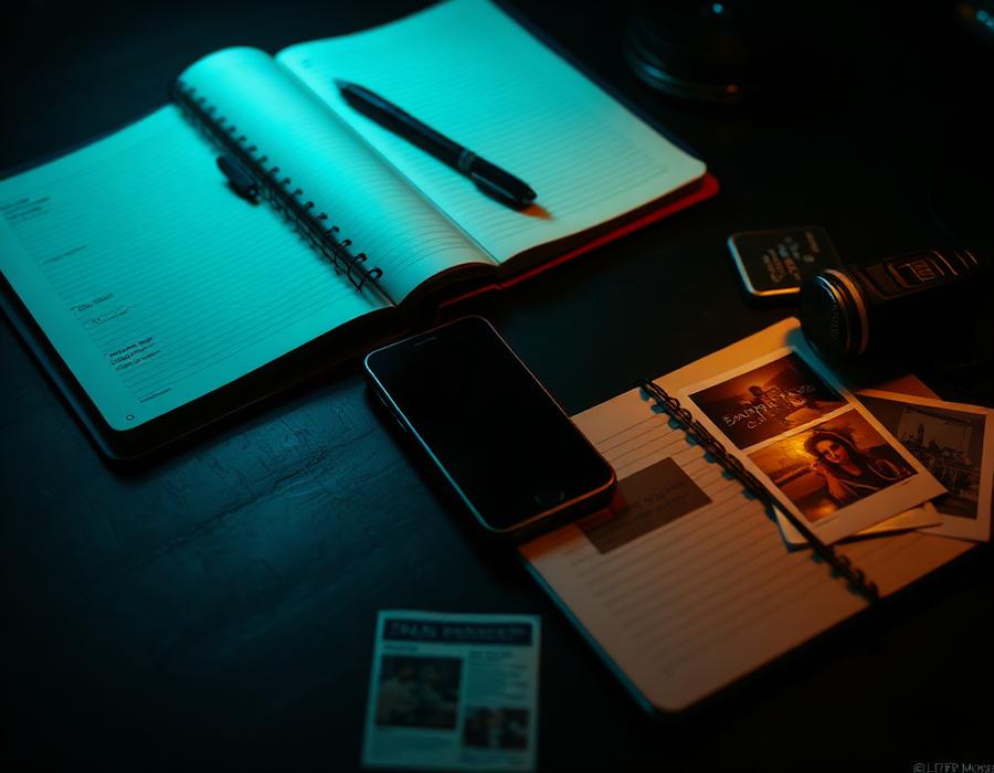 Capa do caso A Última Mensagem: celular aceso ao lado de caderno e fotos de jornalista