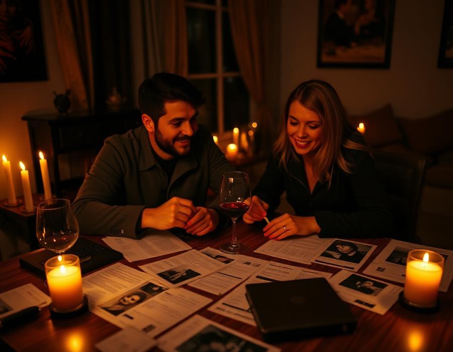 Casal jogando o caso investigativo em casa à noite