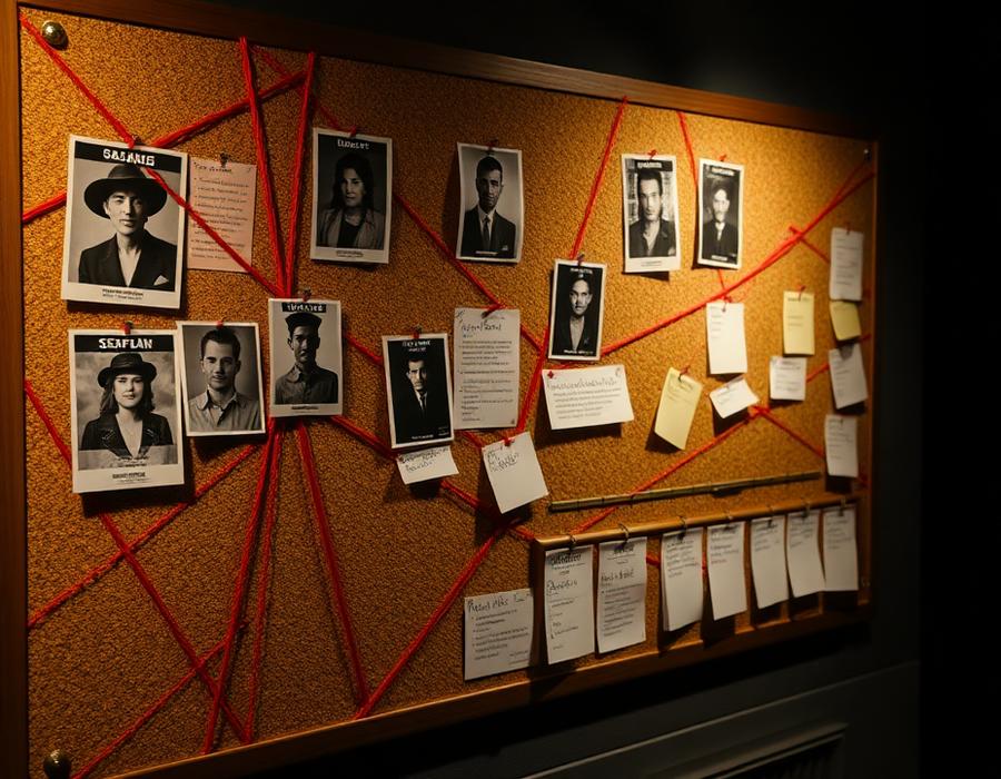 Painel de suspeitos com fotos e linha do tempo