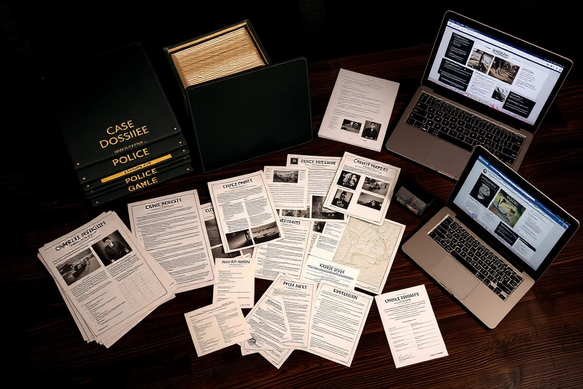 Mockup de tudo que você recebe: 5 dossiês, relatórios, fotos da cena do crime, fichas, mapas e os arquivos em PDF no notebook e tablet